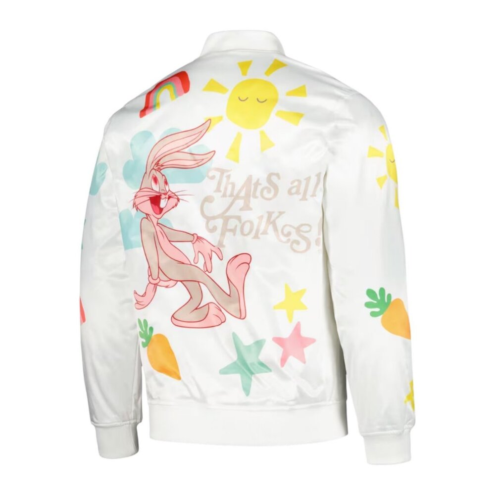 Looney Tunes Bugs Bunny Satin Snap Bomber Jacket WHITE Freeze Max Men's - Picture 3 of 3